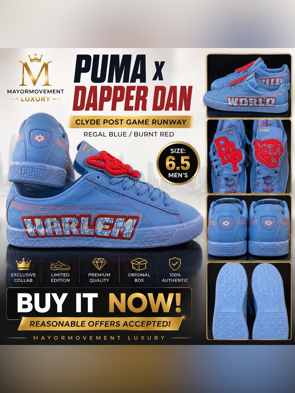 PUMA x Dapper Dan Clyde Post Game Runway Harlem Blue Sneakers Men’s 6.5